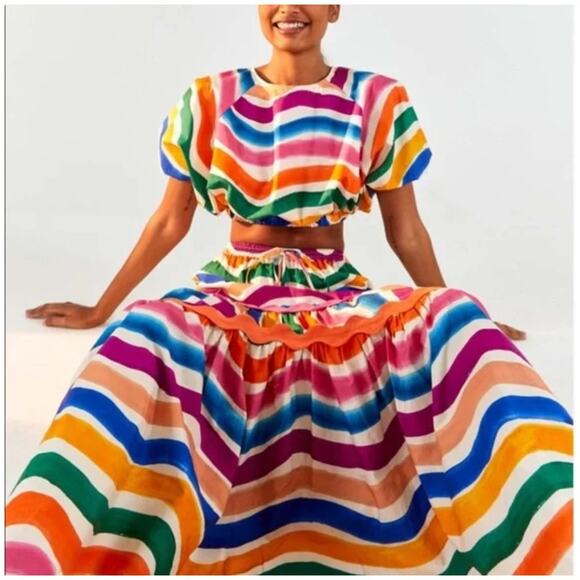 Farm Rio Dancing Stripes Maxi Skirt Size X-Small - Picture 12 of 13